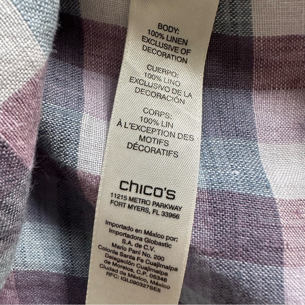 Chico’s Size 3 Crochet-Detail Gingham Linen Popover Top Purple Boho Peasant - Picture 12 of 13